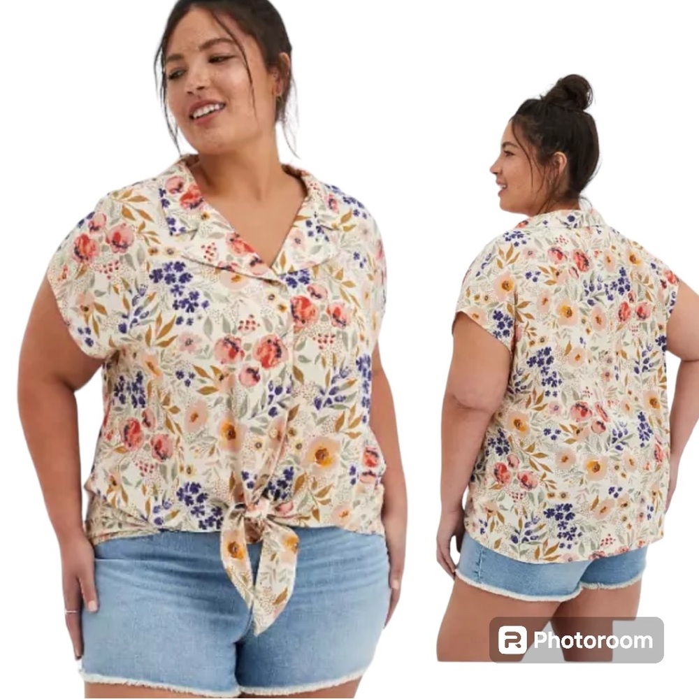 Torrid Sand Floral Challis Button Down Tie Front Dolman Blouse Top Size 0
